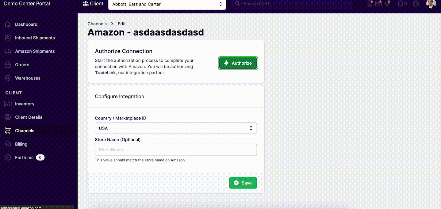 Connect client account to Amazon