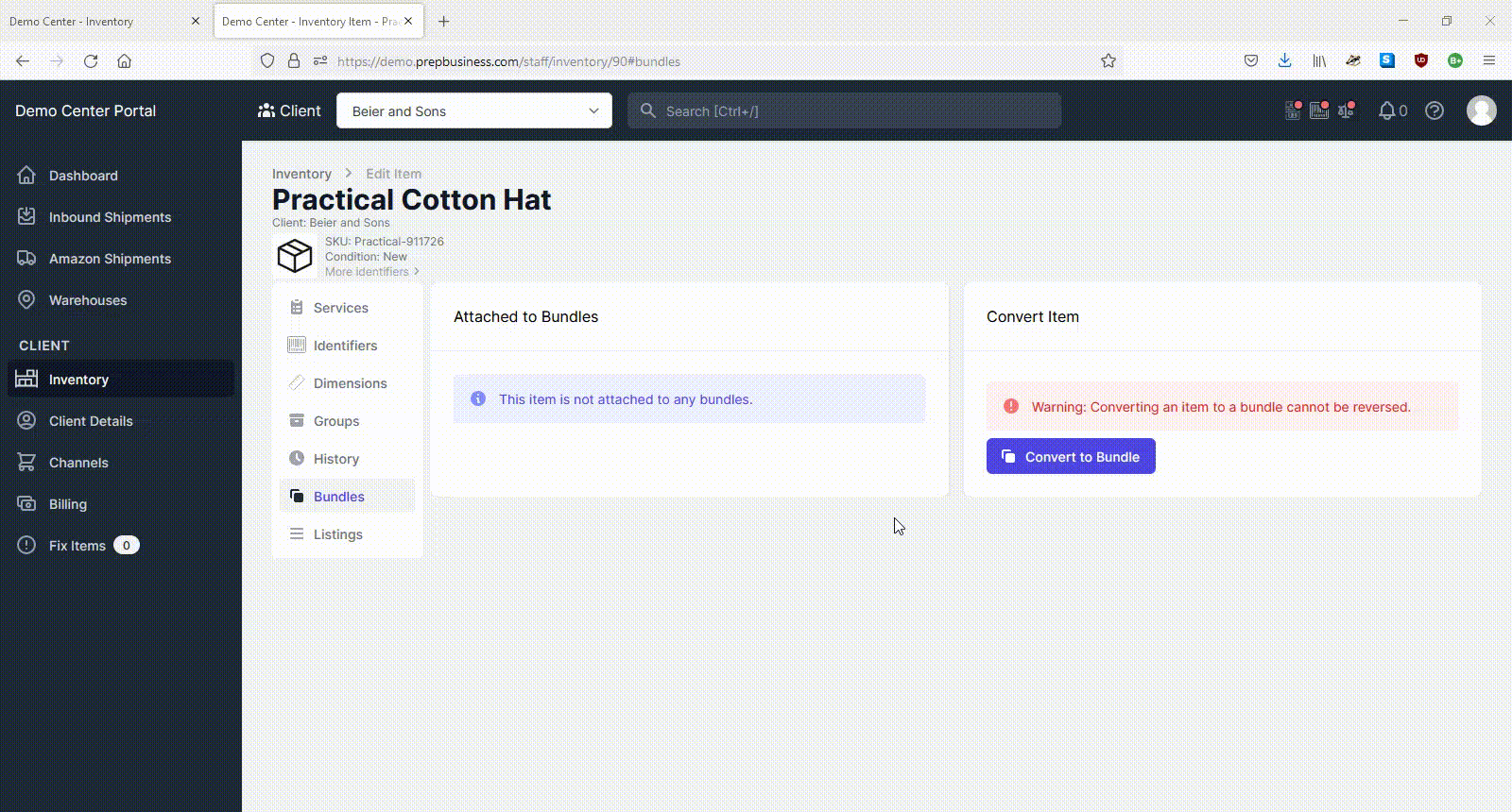Create bundle for item