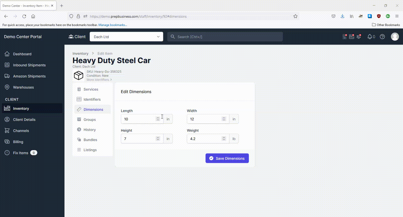 Edit dimensions of item