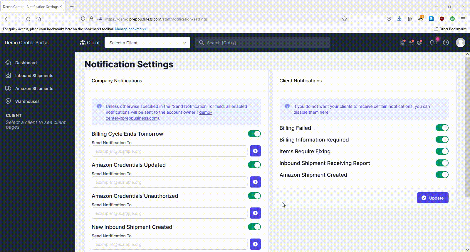 Configure notification emails for specific internal notifications