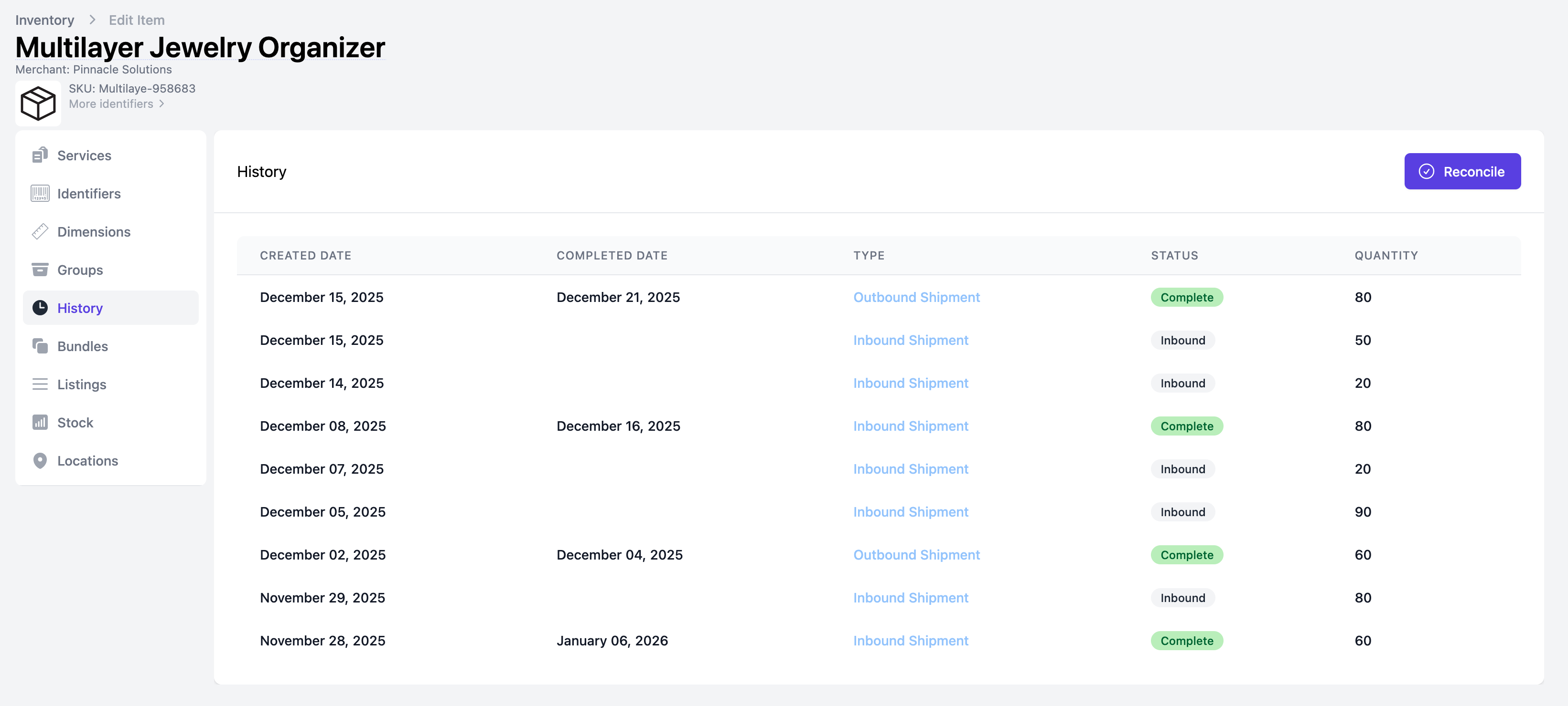A screenshot of the detailed history of stock movements for an item