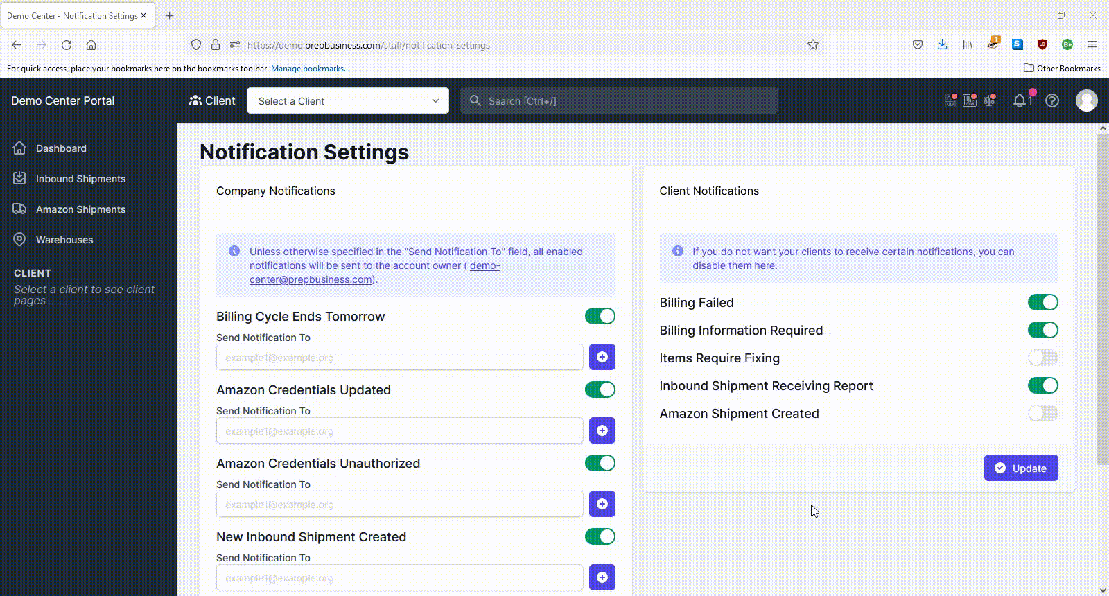 Manage specific client notifications
